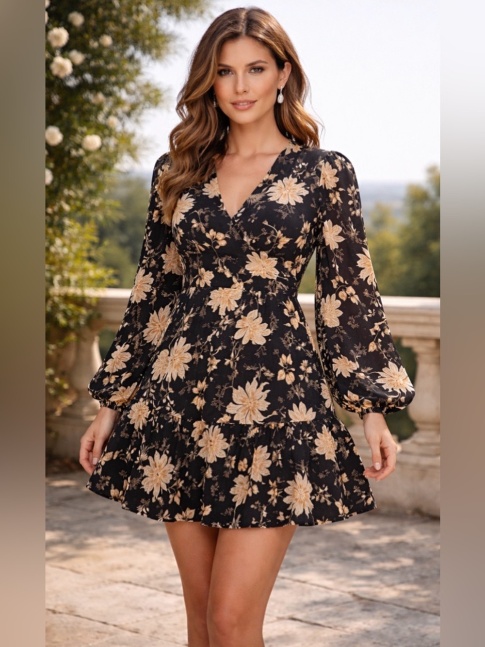 Sanctuary Black Mini Dress with Cream Floral Print size medium